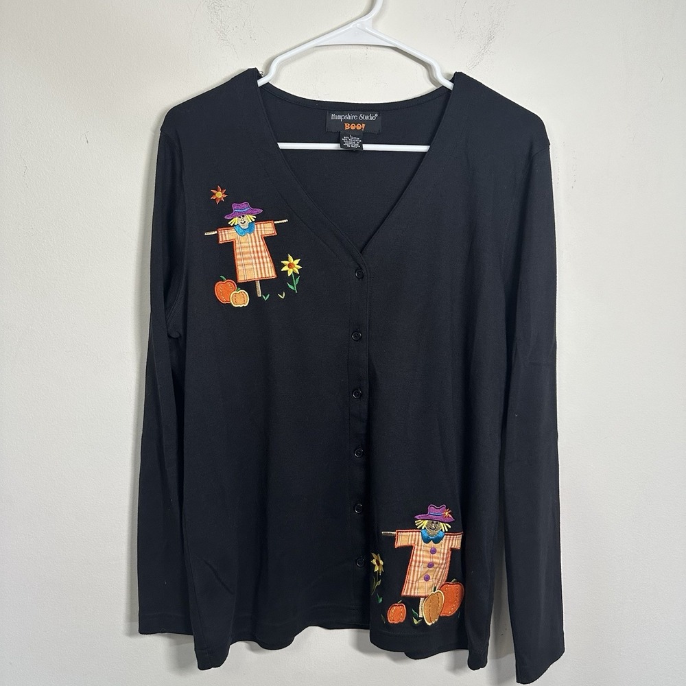 Hampshire Studio Boo!‎ Large Black Fall Cardigan Pumpkins Scarecrow Halloween